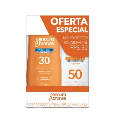 Kit Cenoura e Bronze Protetor Solar FPS30 110ml + Protetor Solar Facial FPS50 Toque Seco 50g