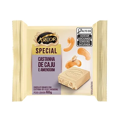 Chocolate Arcor Branco Castanha-de-Caju e Amendoim 60gr