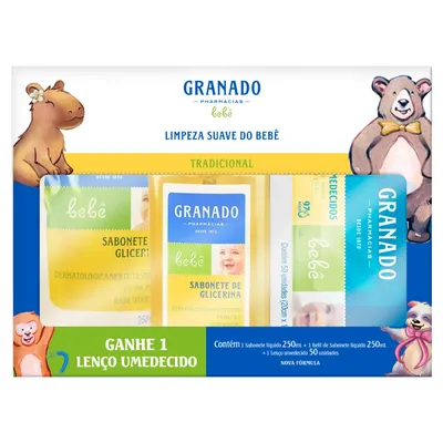 Kit Sabonete Líquido Tradicional + Refil Granado Bebê 250Ml Cada Grátis Lenço Umedecido 50 Unidades preço