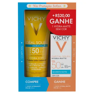 Kit Protetor Solar FPS 50 Vichy Idéal Soleil Hydra Soft 200ml + Protetor Solar Facial Capital Soleil Hydra-Matte FPS 50 30g