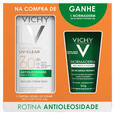 Kit Protetor Solar Facial Aqua-Fluido Antioleosidade FPS60 Vichy Capital Soleil UV-Clear 40g Grátis Gel de Limpeza Profunda Normaderm 50g