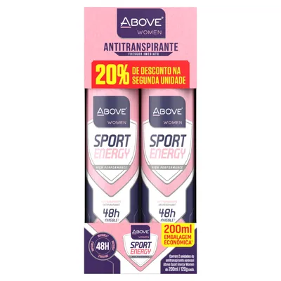 Kit Desodorante Above Aerossol 48h Women Sport Energy 2 Unidades 200ml Cada Grátis 20% de Desconto na Segunda Unidade Embalagem Econômica