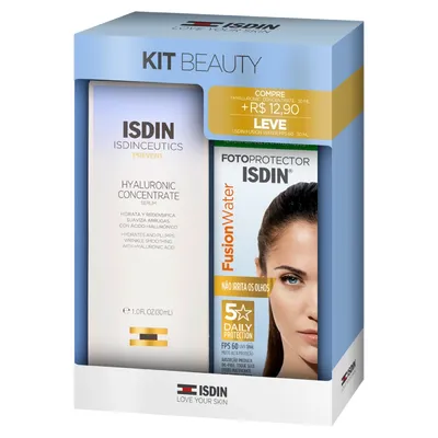Kit Sérum Isdin Isdinceutics Prevent Hyaluronic Concentrate + Protetor Solar Facial Toque Seco FPS 60 Fotoprotector Isdin Fusion Water 30ml Cada