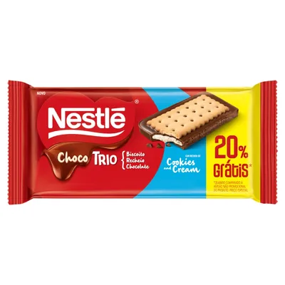 Chocolate ao Leite Recheio Cookies and Cream Nestlé Choco Trio Pacote 90g Grátis 20%