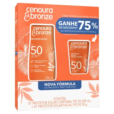 Kit Protetor Solar FPS 50 200ml + Protetor Solar Facial Toque Seco FPS 50 50g Cenoura & Bronze Grátis 75% de Desconto no Protetor Solar Facial