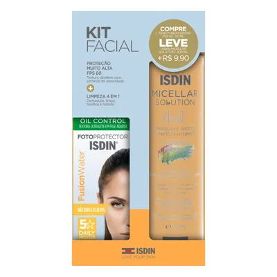 Kit Protetor Solar Facial Aquoso FPS 60 Fotoprotector Isdin Fusion Water 50ml + Água Micelar Isdin 400ml