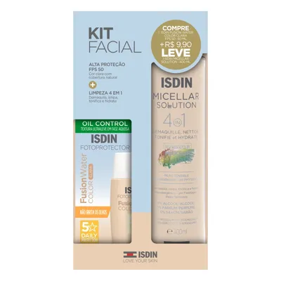 Kit Protetor Solar Facial Aquoso Color Clara FPS 50 Fotoprotector Isdin Fusion Water 50ml + Água Micelar Isdin 400ml 