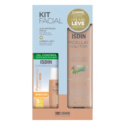Kit Protetor Solar Facial Aquoso Color Média FPS 50 Fotoprotector Isdin Fusion Water 50ml + Água Micelar Isdin 400ml