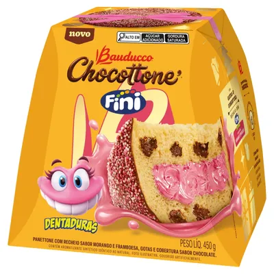 Panettone com Gotas de Chocolate com Recheio Fini Dentaduras Morango e Framboesa e Cobertura Chocolate Bauducco Chocottone Caixa 450g