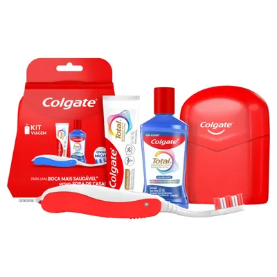 Kit Estojo + Creme Dental Anticárie Original Mint 30g + Enxaguante Bucal Antibacteriano Clean Mint 60ml Prevenção Ativa + Escova Dental Macia Cabeça Normal Colgate Total