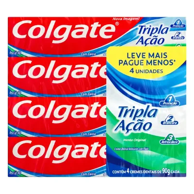 Creme Dental Anticárie com Flúor e Cálcio Colgate Tripla Ação 90g 4 unidades 90g Cada Leve Mais Pague Menos