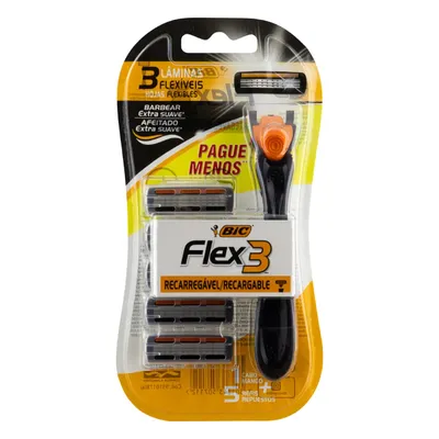 Kit Aparelho De Barbear Bic Flex 3 Recarregável + 5 Cartuchos