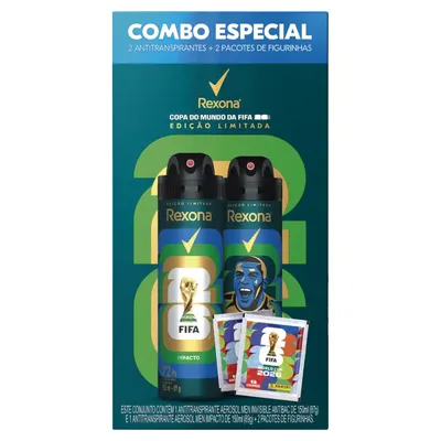 Rexona Desodorante Masculino Antitranspirante, Impacto e Invisible Antibac, 2 Aerossóis 150ml, com Figurinhas Copa do Mundo da FIFA de 2026TM