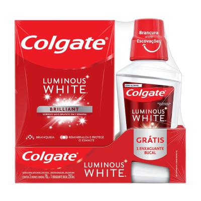 Kit Colgate Luminous White com 3 Cremes Dentais 70g e Enxaguante Bucal 250ml Grátis