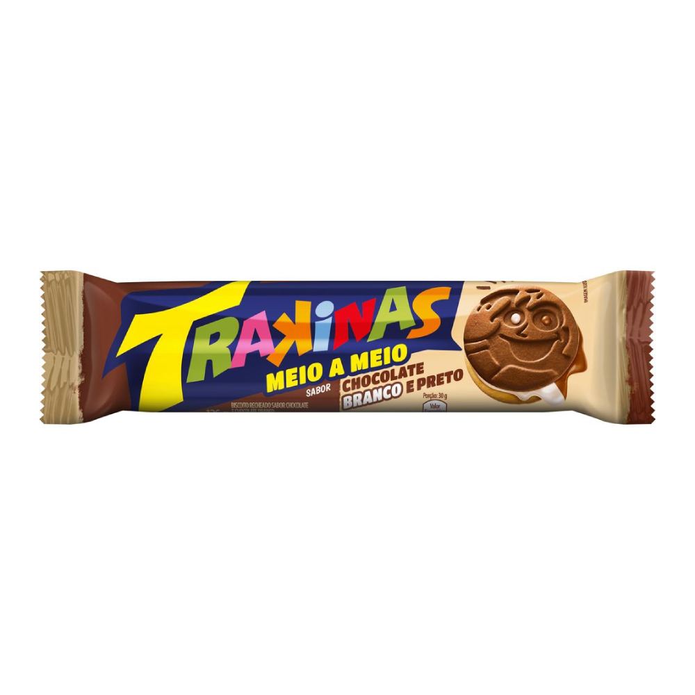Biscoito Recheado Trakinas Meio a Meio Chocolate Branco e Preto 126g