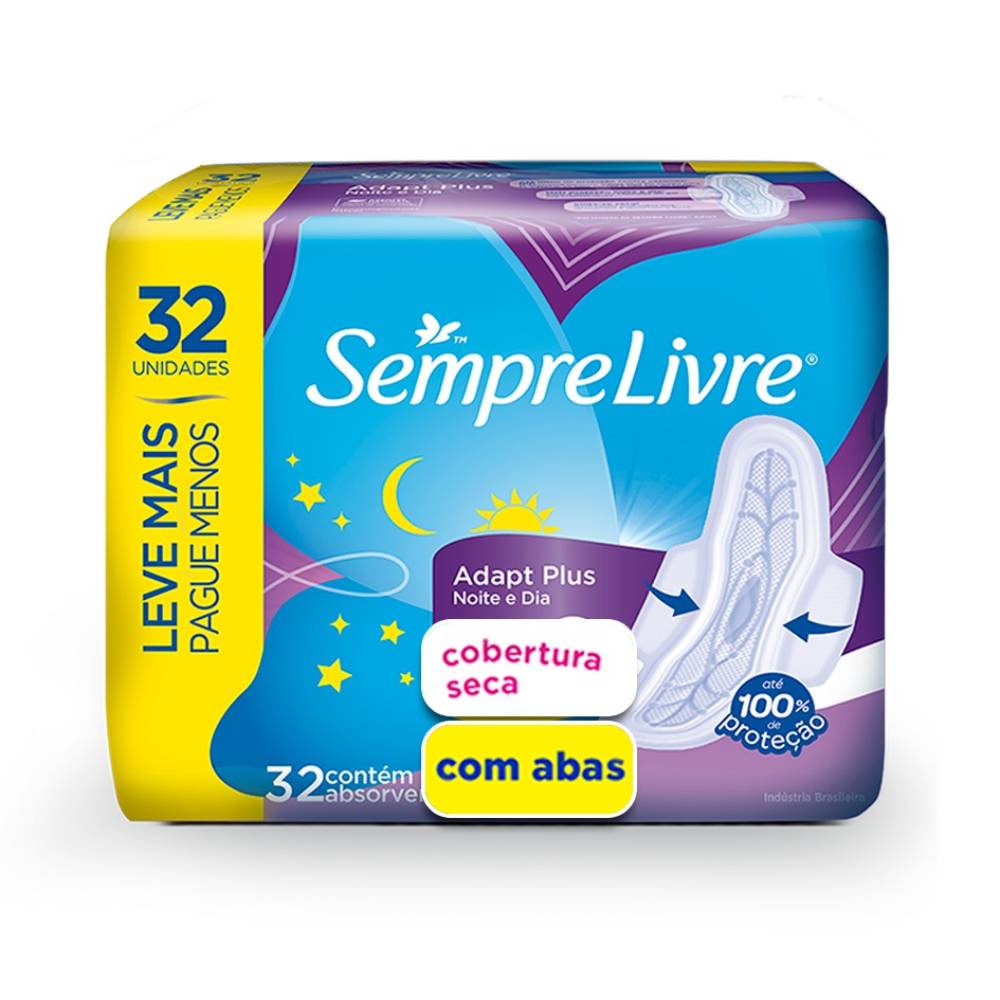 Absorvente Sempre Livre Adapt Plus Noite e Dia Seca Com Abas 32 Unidades