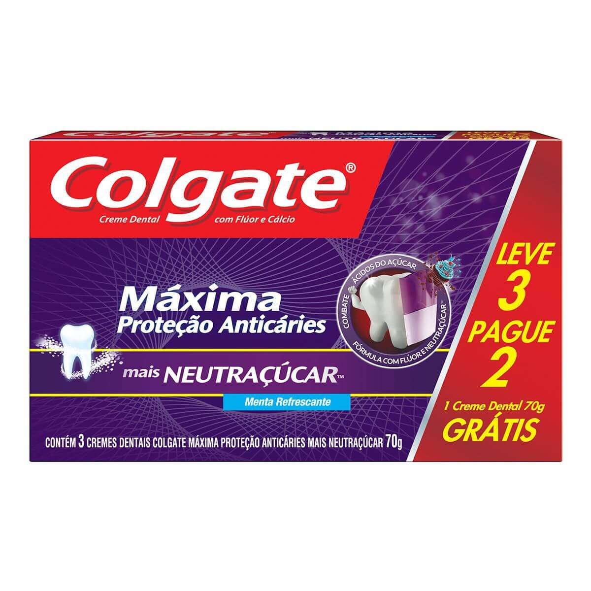 Kit Creme Dental Colgate Máxima Proteção Anticáries mais Neutraçúcar 70g Leve 3 Pague 2