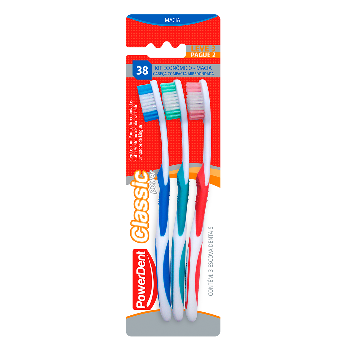 Escova Dental Powerdent Classic Macia Leve 3 Pague 2