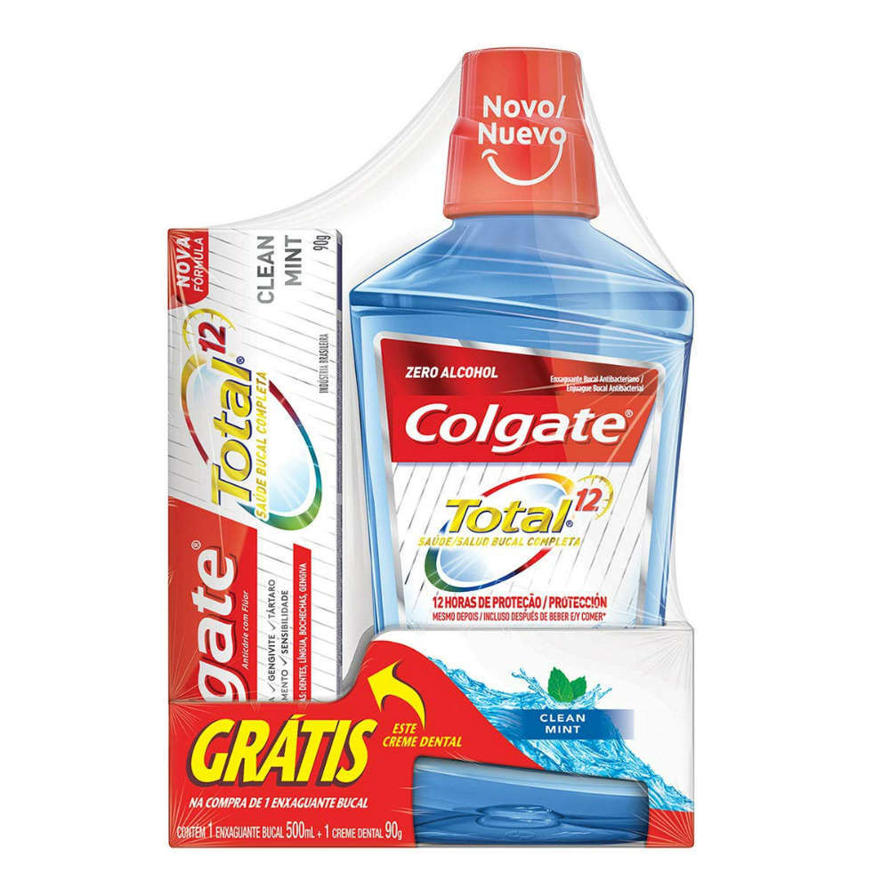Kit Colgate Total 12 Clean Mint com Enxaguante Bucal 500ml e Creme Dental 90g