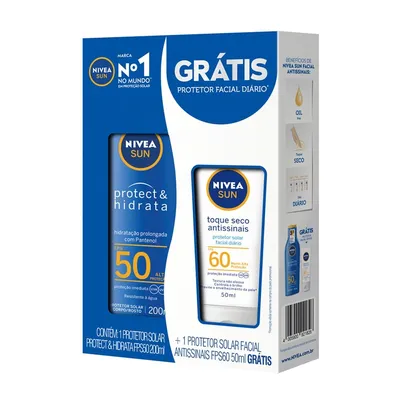 Kit Nivea Protetor Solar Protect & Hidrata FPS50 200ml + Grátis Protetor Solar Facial Sun FPS60 50ml