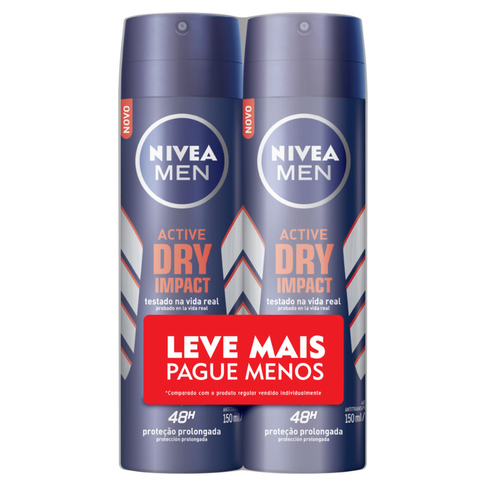 Kit Desodorante Aerosol Nivea Men Active Dry Impact 150ml com 2un - Embalagem Economica