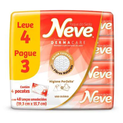 Lenço Umedecido Neve Toque de Seda 192 Unidades Pack Leve 4 Pague 3