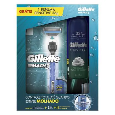 Kit 1 Aparelho Recarregável + 3 Cargas para Barbear Gillette Mach3 Grátis 1 Espuma de Barbear Sensitive 56g