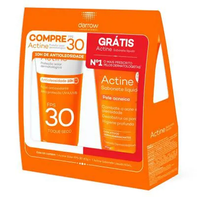 Kit Protetor Solar Actine FPS30 40g + Gel Limpeza Antiacne 40g Grátis