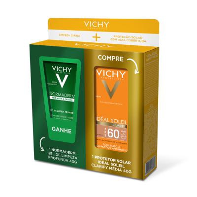 Kit Protetor Solar Vichy Idéal Soleil Clarify Cor Média FPS60 40g+ Grátis Gel de Limpeza Normaderm 40g