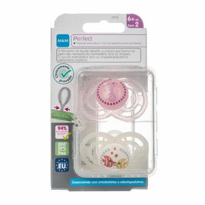 Kit Chupeta Mam Perfect Rosa Tamanho 2 Para 6+ Meses