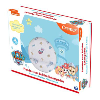 Fralda de Pano com Bainha Estampada 70x68cm Cremer Patrulha Canina 5 Unidades