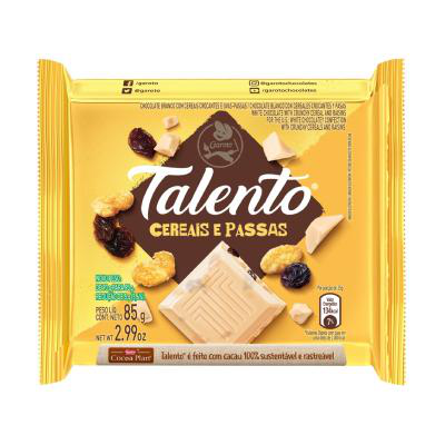 Chocolate Garoto Talento Branco com Cereais e Passas 85g