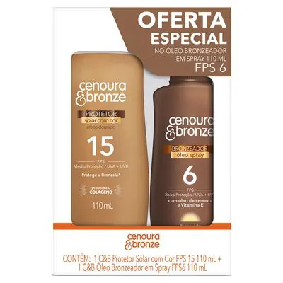 Kit Cenoura e Bronze Protetores Solares FPS15 com Cor + Óleo Bronzeador Spray FPS6 110ml Grátis