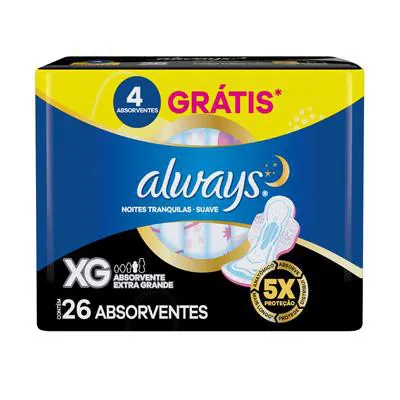 Absorvente Always Noites Tranquilas XG Suave com Abas 26 Unidades