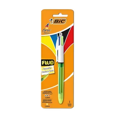 Caneta Bic 4 Cores Fluorescente Ponta Media e Ponta Grossa