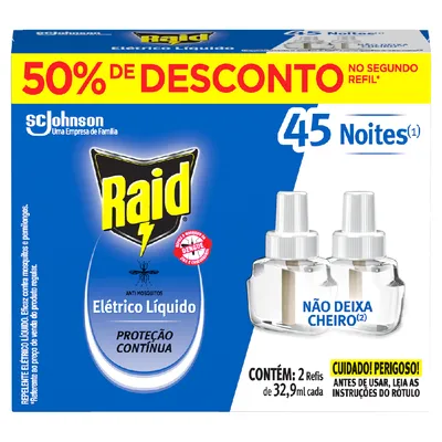 Repelente Raid Eletrico 45 Noites 2 Unidades 32,9ml Cada