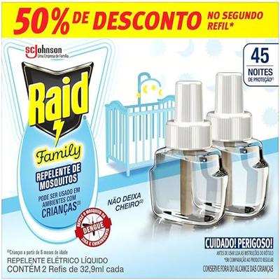 Repelente Raid Eletrico Family 45 Noites 2 Unidades 32,9ml Cada