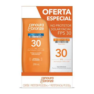 Kit Cenoura e Bronze Com Protetores Solares FPS30 Corporal 200ml + Facial Toque Seco 50g Grátis