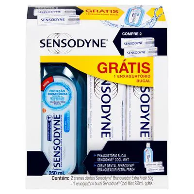Kit Sensodyne com 2 Cremes Dentais Branqueador Extra Fresh 50g e Enxaguante Bucal Cool Mint 250ml Grátis