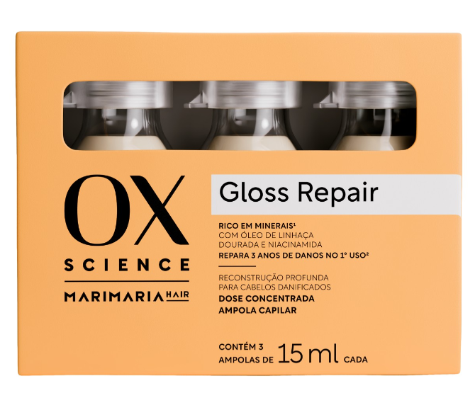 Ampola De Reconstrução Capilar Dose Concentrada OX Com Óleo De Linhaça Dourada De Niacinamida Mari Maria Hair Science Gloss Repair Caixa 3 Unidades 15ml