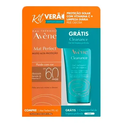 Kit Protetor Solar Facial Avène Mat Perfect Fluido com Cor FPS60 40g+Gel Limpeza Cleanance Intense 40g Grátis
