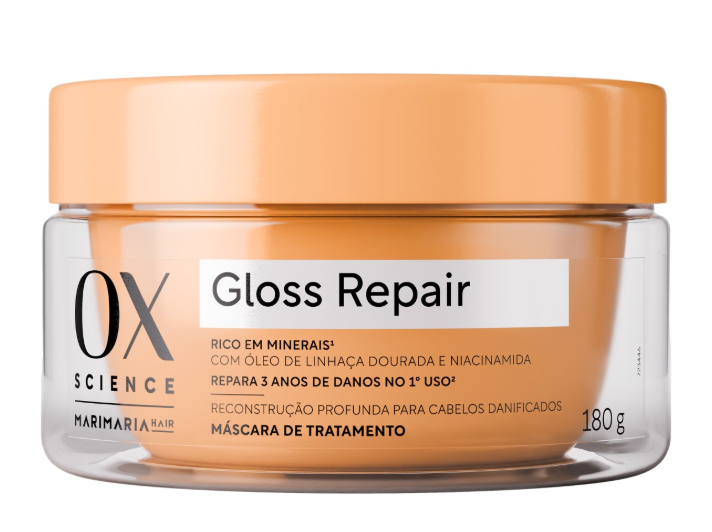 Máscara De Tratamento OX Com Óleo De Linhaça Dourada E Niacinamida Mari Maria Hair Science Gloss Repair Pote 180gr