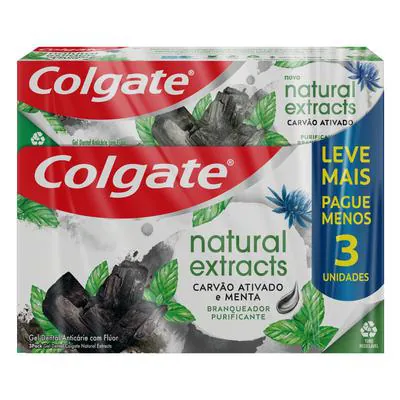 Kit Creme Dental Colgate Natural Extracts Carvão Ativado e Menta 90g com 3 Unidades